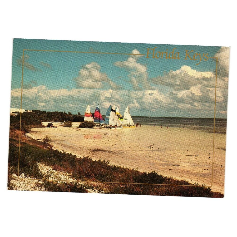 Florida Keys Catamarans Beach Scene Vintage Postcard Vacation Ocean Tourism Boat